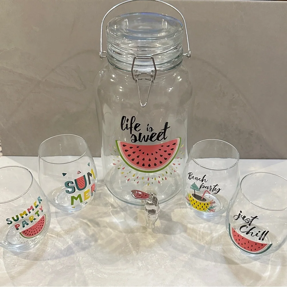 Vanilla Sky Home Essentials 5 Pc. Beverage Set (1 Gal Dispenser + 4 20 Oz Glass)